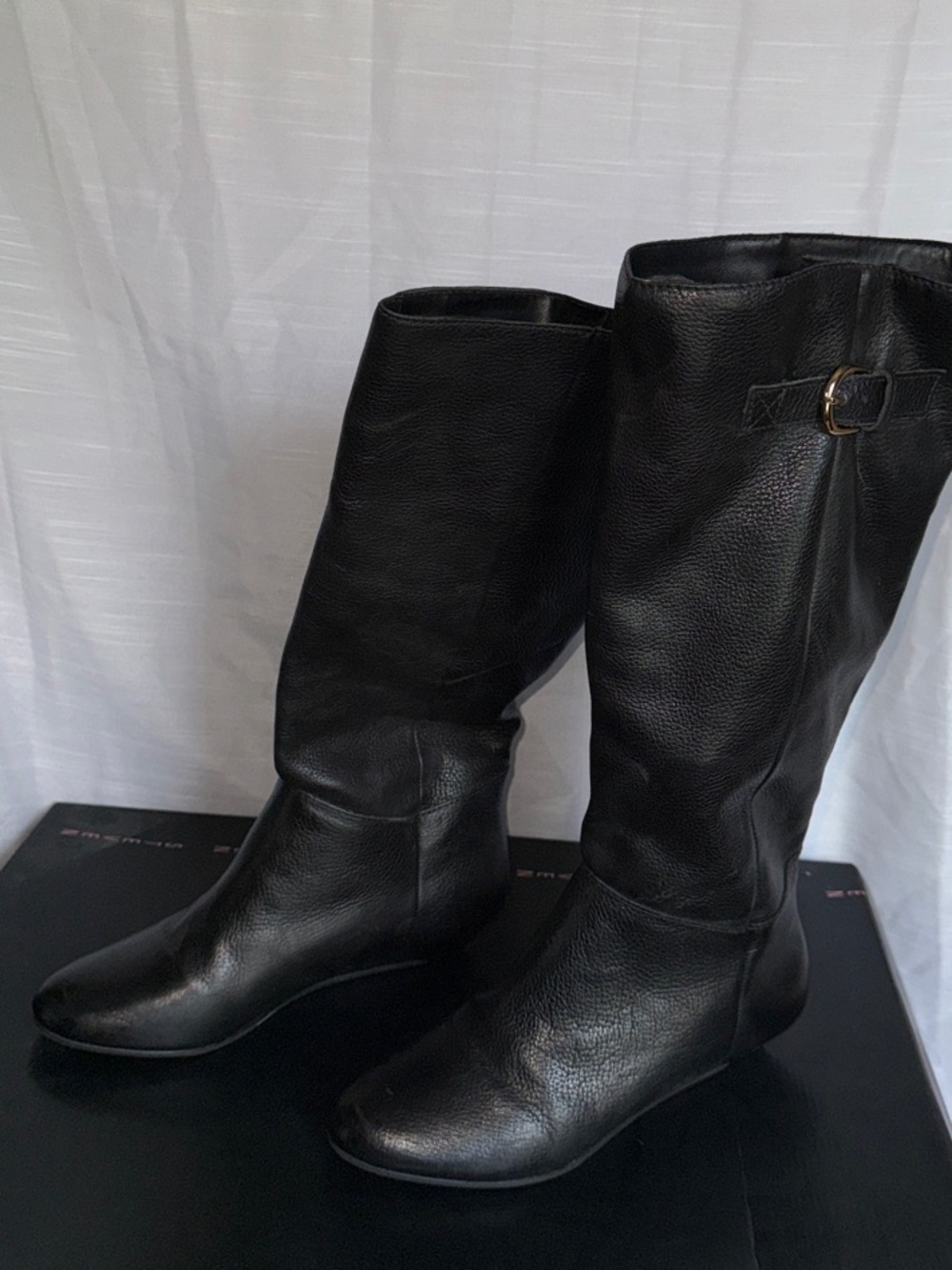 Steve Madden Black Mid-Calf Leather Heeled Boots with Buckle
